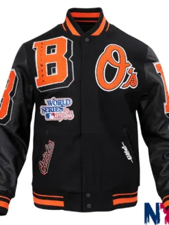 MLB Baseball Team Baltimore Orioles Mashup Black Wool Varsity Bomber Jacket front view