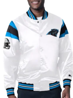 Mac NFL Carolina Panthers White Satin Varsity Jacket