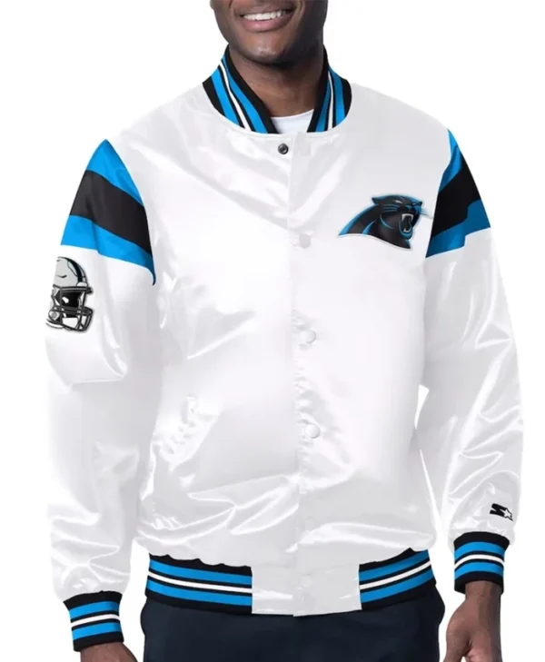 Mac NFL Carolina Panthers White Satin Varsity Jacket