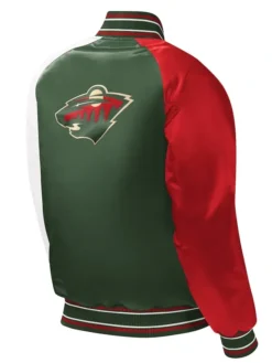 Minnesota Wild Full Snap Green Satin Letterman Varsity Jacket Back