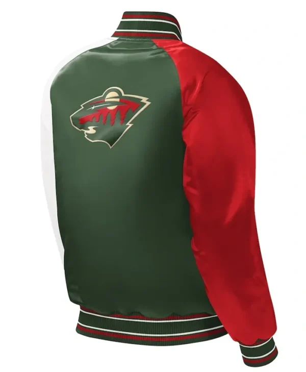 Minnesota Wild Full Snap Green Satin Letterman Varsity Jacket Back