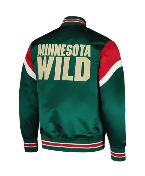 Minnesota Wild Satin Green Full Snap Varsity Jacket Back