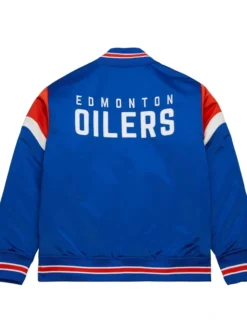 NHL Team Edmonton Oilers Blue Satin Varsity Jacket Back