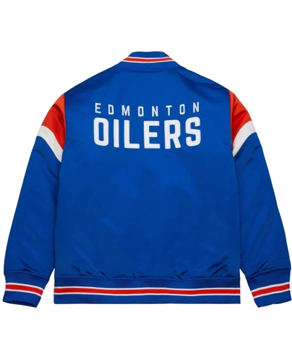 NHL Team Edmonton Oilers Blue Satin Varsity Jacket Back