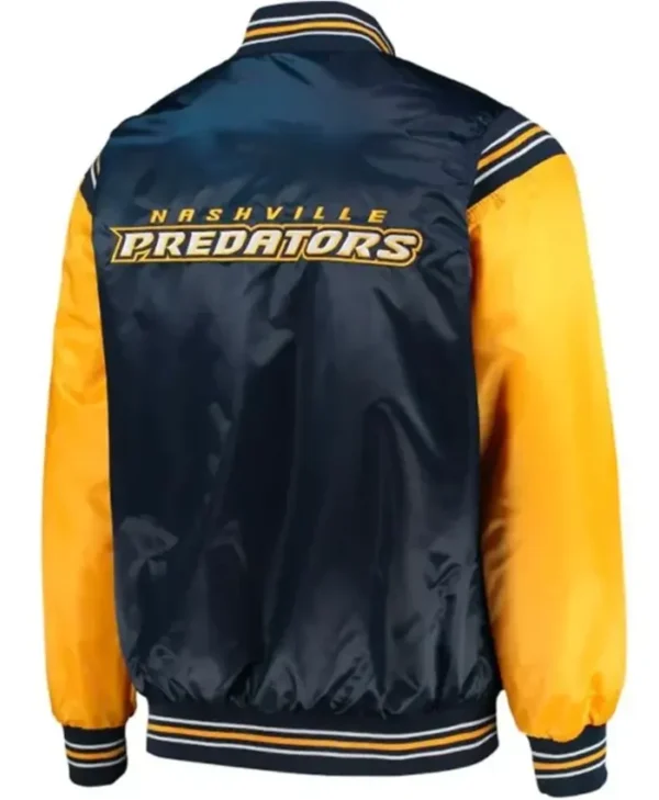 Nashville Predators Satin Blue And Yellow Varsity Jacket Back