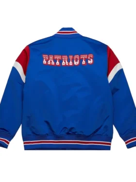 New England Patriots Full-Snap Blue Satin Varsity Jacket Back