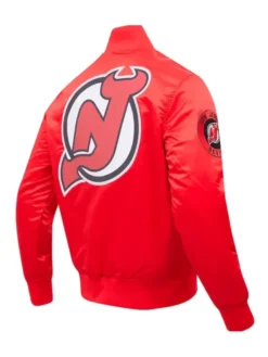 New Jersey Devils Satin Red Full Snap Varsity Jacket Back