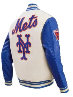 New York Mets White And Blue Wool Varsity Jacket Back