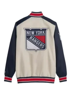New York Rangers The Renegade Cream And Blue Varsity Jacket Back