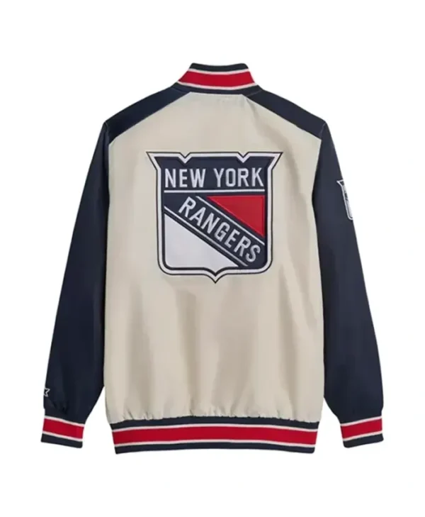 New York Rangers The Renegade Cream And Blue Varsity Jacket Back