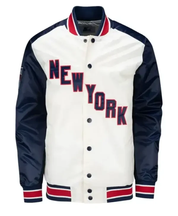 New York Rangers White And Blue Satin Varsity Jacket
