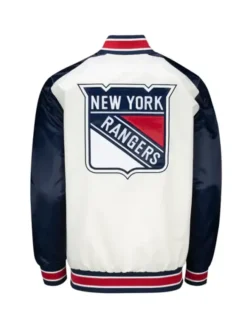 New York Rangers White And Blue Satin Varsity Jacket Back