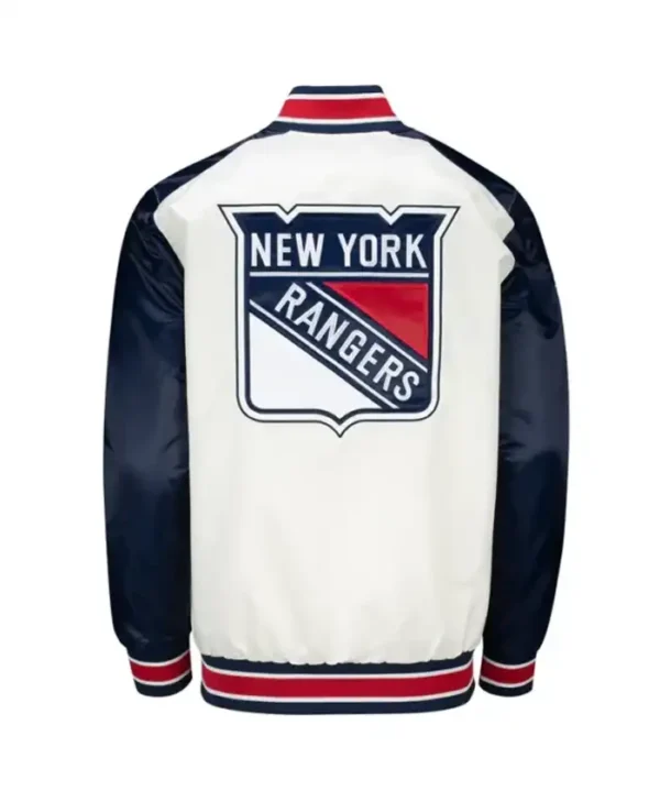 New York Rangers White And Blue Satin Varsity Jacket Back