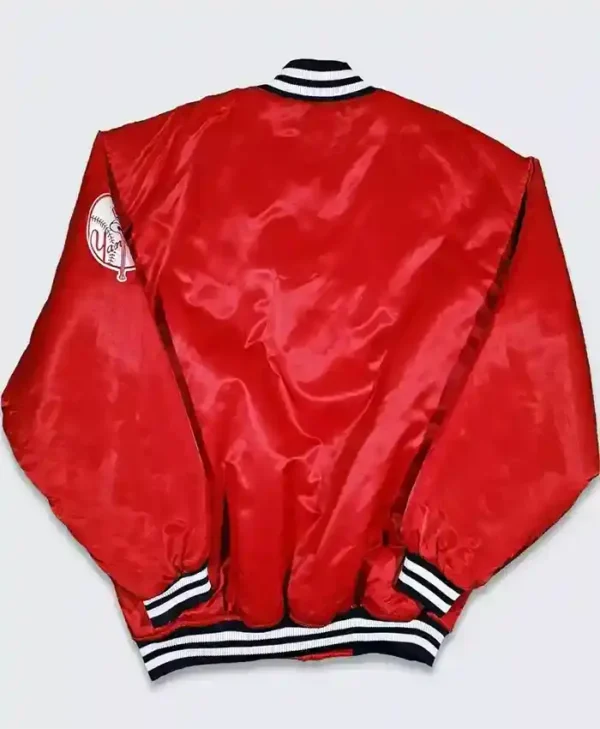 New York Yankees Mens Starter Red Satin Varsity Jacket Back
