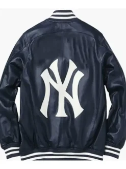 New York Yankees Navy Blue Bomber Leather Jacket Back