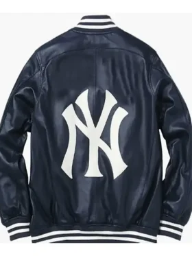 New York Yankees Navy Blue Bomber Leather Jacket Back