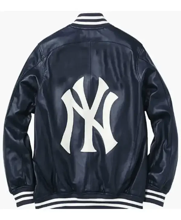New York Yankees Navy Blue Bomber Leather Jacket Back