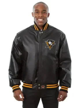 Pittsburgh Penguins Black Leather Bomber Jacket
