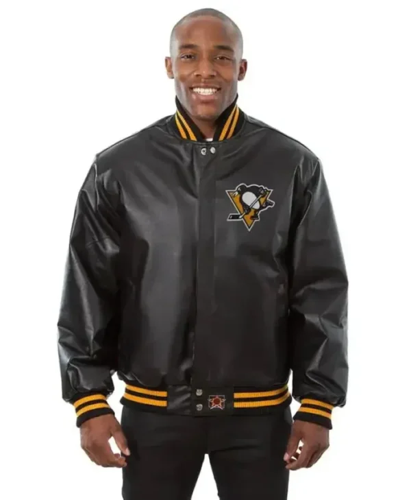 Pittsburgh Penguins Black Leather Bomber Jacket