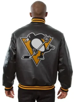 Pittsburgh Penguins Black Leather Bomber Jacket Back
