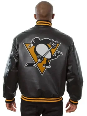 Pittsburgh Penguins Black Leather Bomber Jacket Back