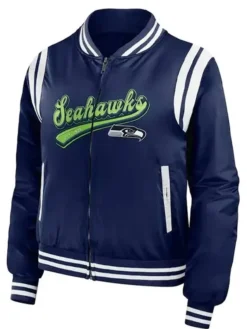 Rose Seattle Seahawks Navy Satin Bomber Jacket