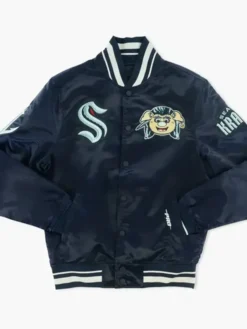 Seattle Kraken Buoy Mascot Blue Satin Varsity Jacket