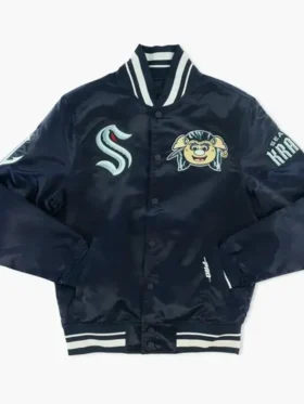 Seattle Kraken Buoy Mascot Blue Satin Varsity Jacket