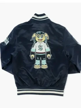 Seattle Kraken Buoy Mascot Blue Satin Varsity Jacket Back
