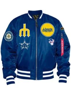 Seattle Mariners Zip Blue Satin Bomber Jacket