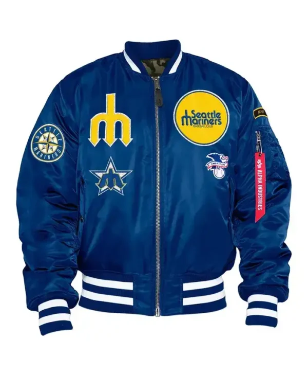 Seattle Mariners Zip Blue Satin Bomber Jacket
