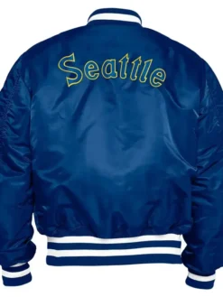 Seattle Mariners Zip Blue Satin Bomber Jacket Back