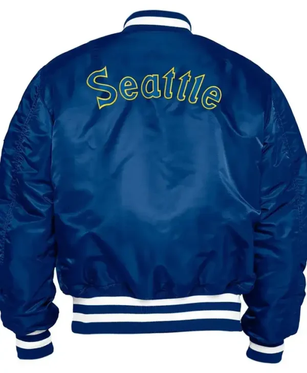 Seattle Mariners Zip Blue Satin Bomber Jacket Back