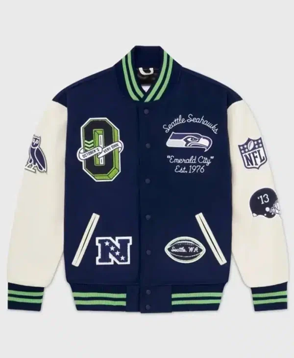 Seattle Seahawks OVO Blue And White Wool Varsity Jacket