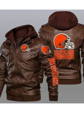 Team Cleveland Browns Brown Leather Hooded Jacket