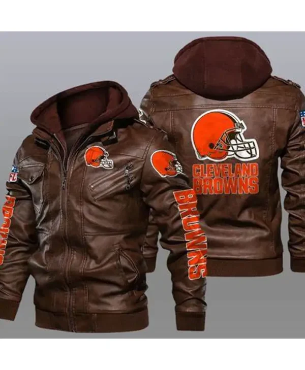 Team Cleveland Browns Brown Leather Hooded Jacket