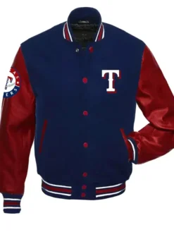 Texas Rangers Navy Blue And Red Full Snap Wool Varsity Jacket