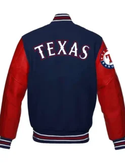 Texas Rangers Navy Blue And Red Full Snap Wool Varsity Jacket Back
