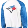 Toronto Blue Jays Clean Up White Satin Varsity Jacket Back