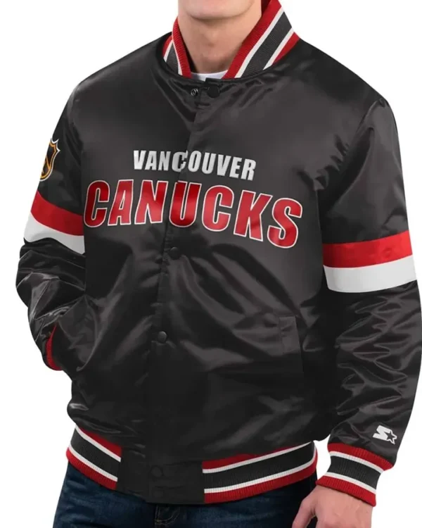 Vancouver Canucks The Enforcer Black Satin Varsity Jacket