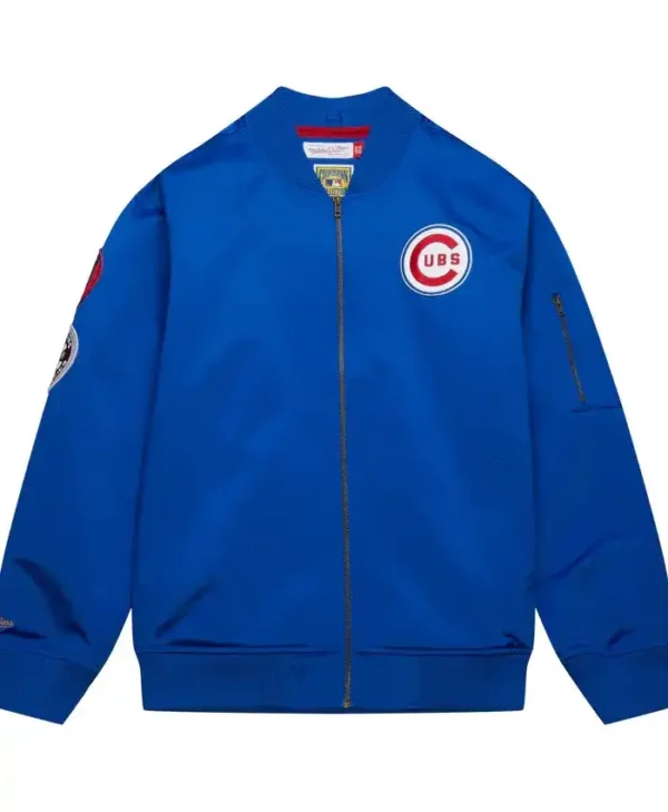Chicago Cubs Navy Blue Satin Zip Bomber Jacket