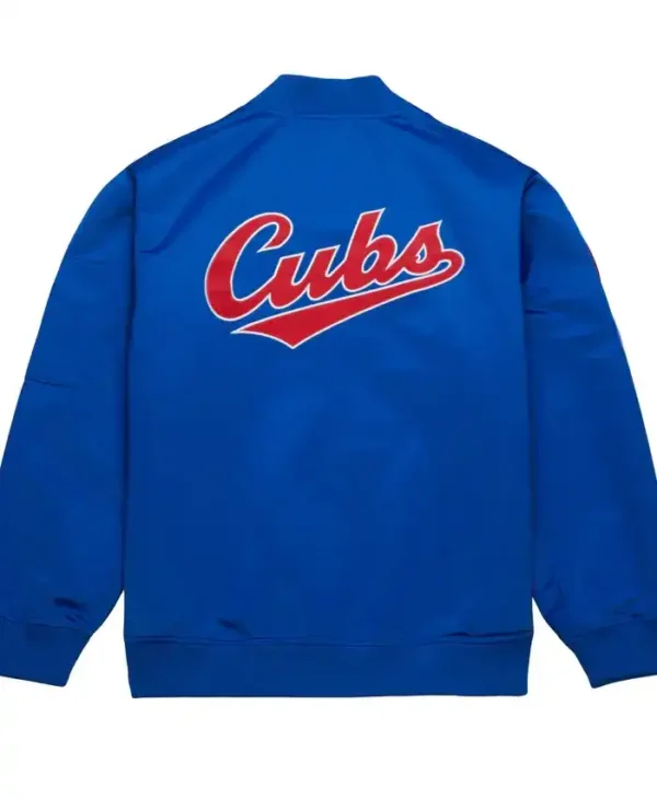 Chicago Cubs Navy Blue Satin Zip Bomber Jacket Back
