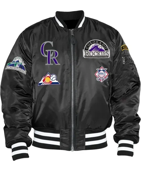 Colorado Rockies Black Ma-1 Zip Satin Bomber Jacket