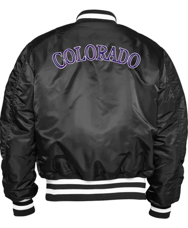 Colorado Rockies Black Ma-1 Zip Satin Bomber Jacket Back