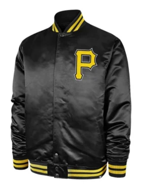 MLB Pirates Black Full Snap Satin Varsity Jacket