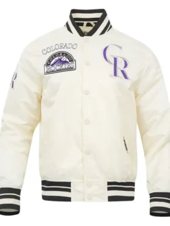 MLB Rockies White Satin Varsity Baseball Jacket