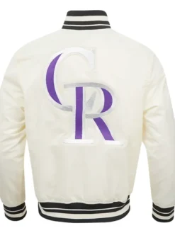 MLB Rockies White Satin Varsity Baseball Jacket Back