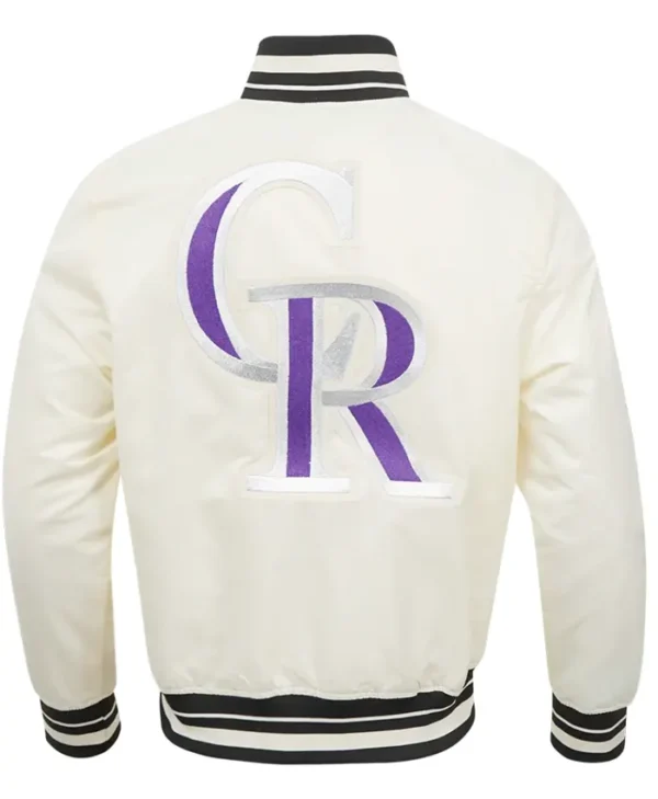 MLB Rockies White Satin Varsity Baseball Jacket Back