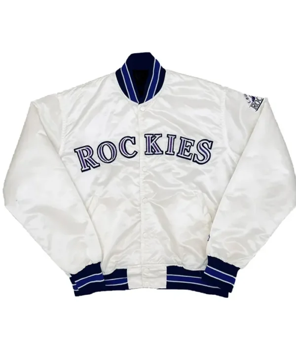 Rockies White Full Snap Satin Varsity Jacket