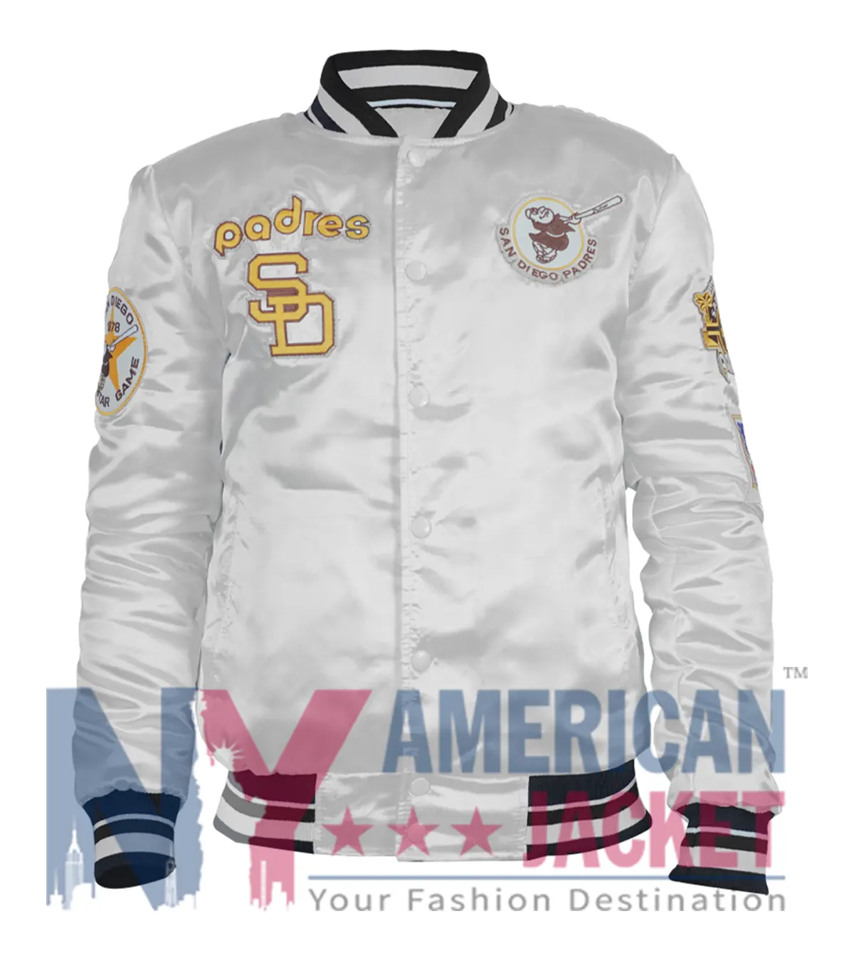 San Diego Padres Satin White Full Snap Varsity Jacket